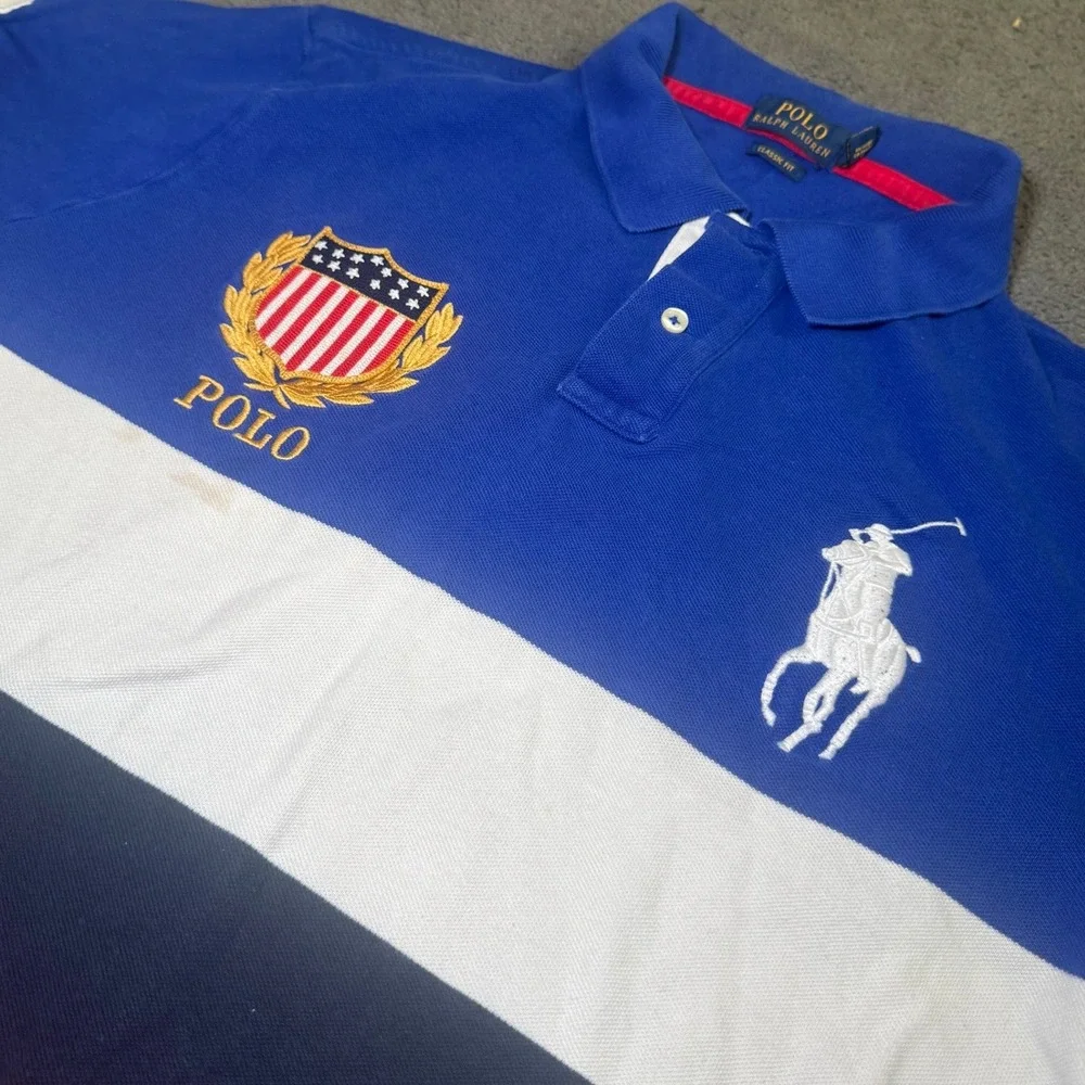 Polo Ralph Lauren Mens XL Big Pony USA Crest Colorblock Polo Blue Red White